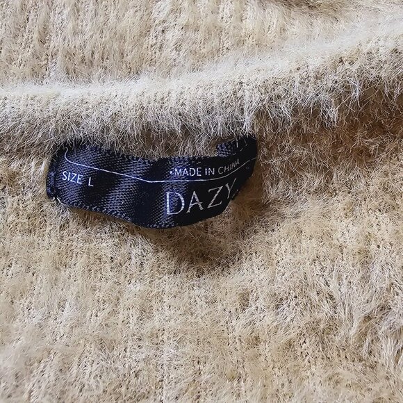 Dazy Soft Fuzzy Golden Beige Tie Collar Cardigan Sweater Size L - Picture 5 of 9